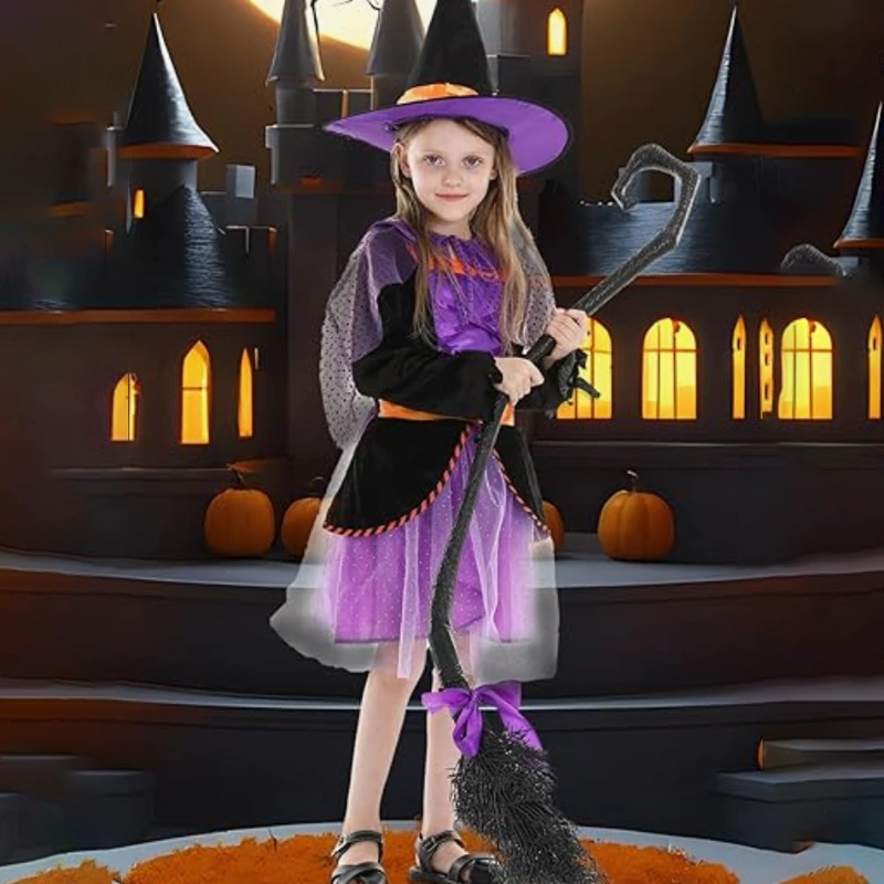 Kostium wiedźmy na Halloween dla dzieci z błyszczącą peleryną